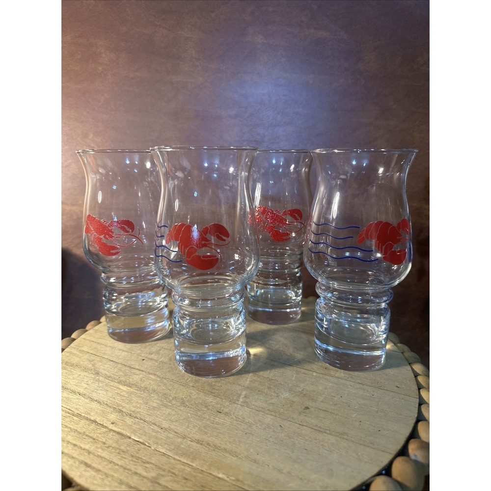 Set of 4  Lobster Hurricane Glasses Red Logo's 1980s Libby